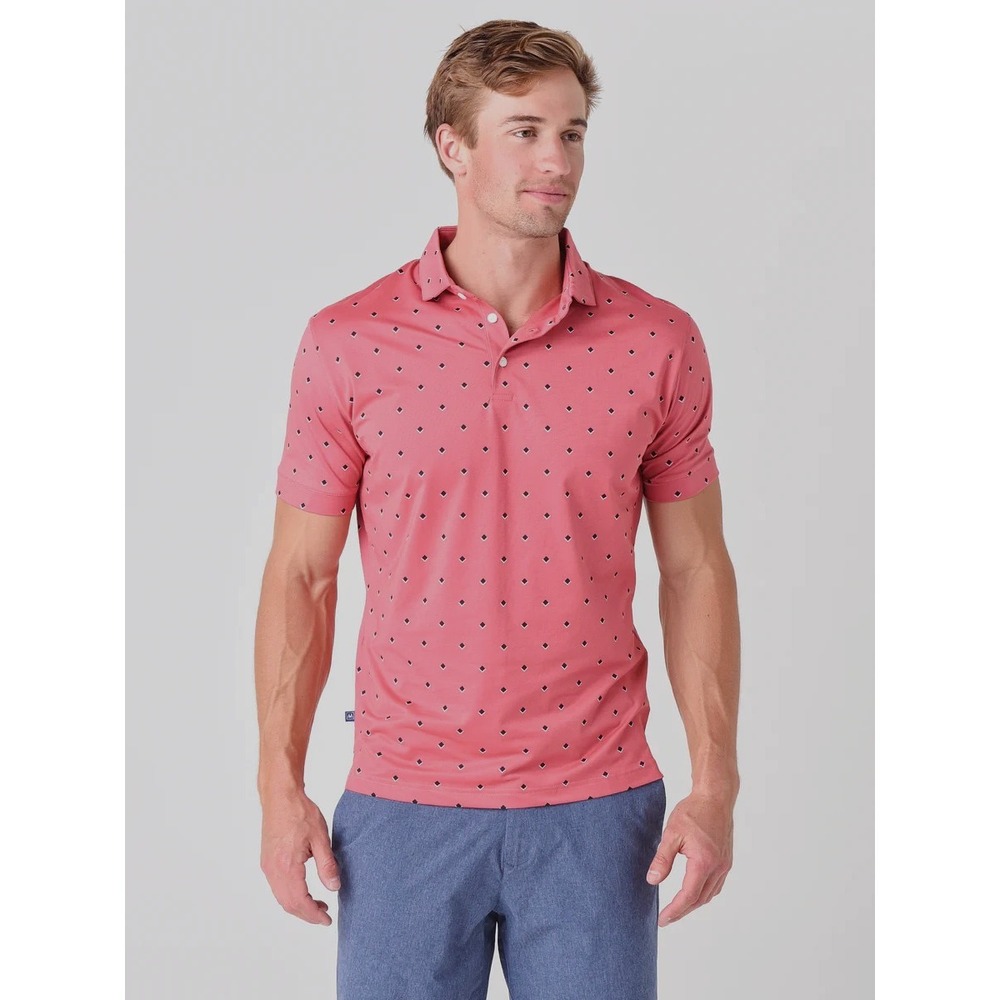 Mizzen+Main Wilson Polo Men's Small Pink Diamond Print Trim Fit Golf Performance